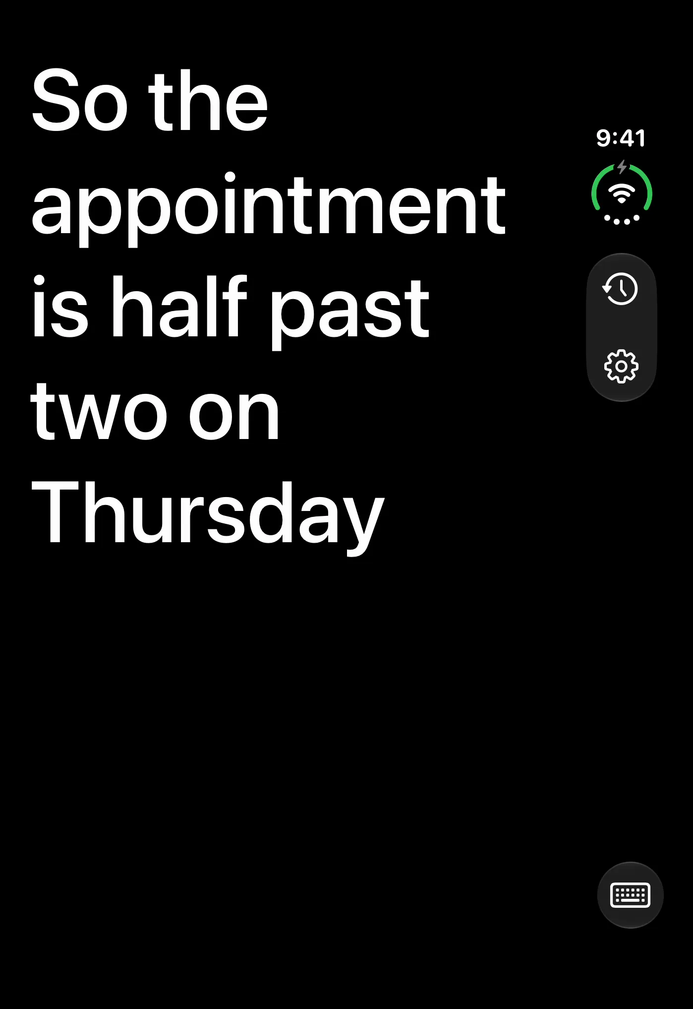 eyeHear on the closed iPhone Duo's outside screen: the same caption, across five lines, in the narrower portrait screen.