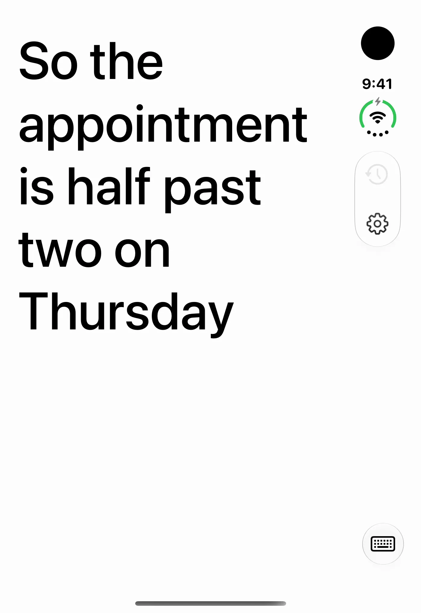 eyeHear on the closed iPhone Duo's outside screen: the same caption, across five lines, in the narrower portrait screen.