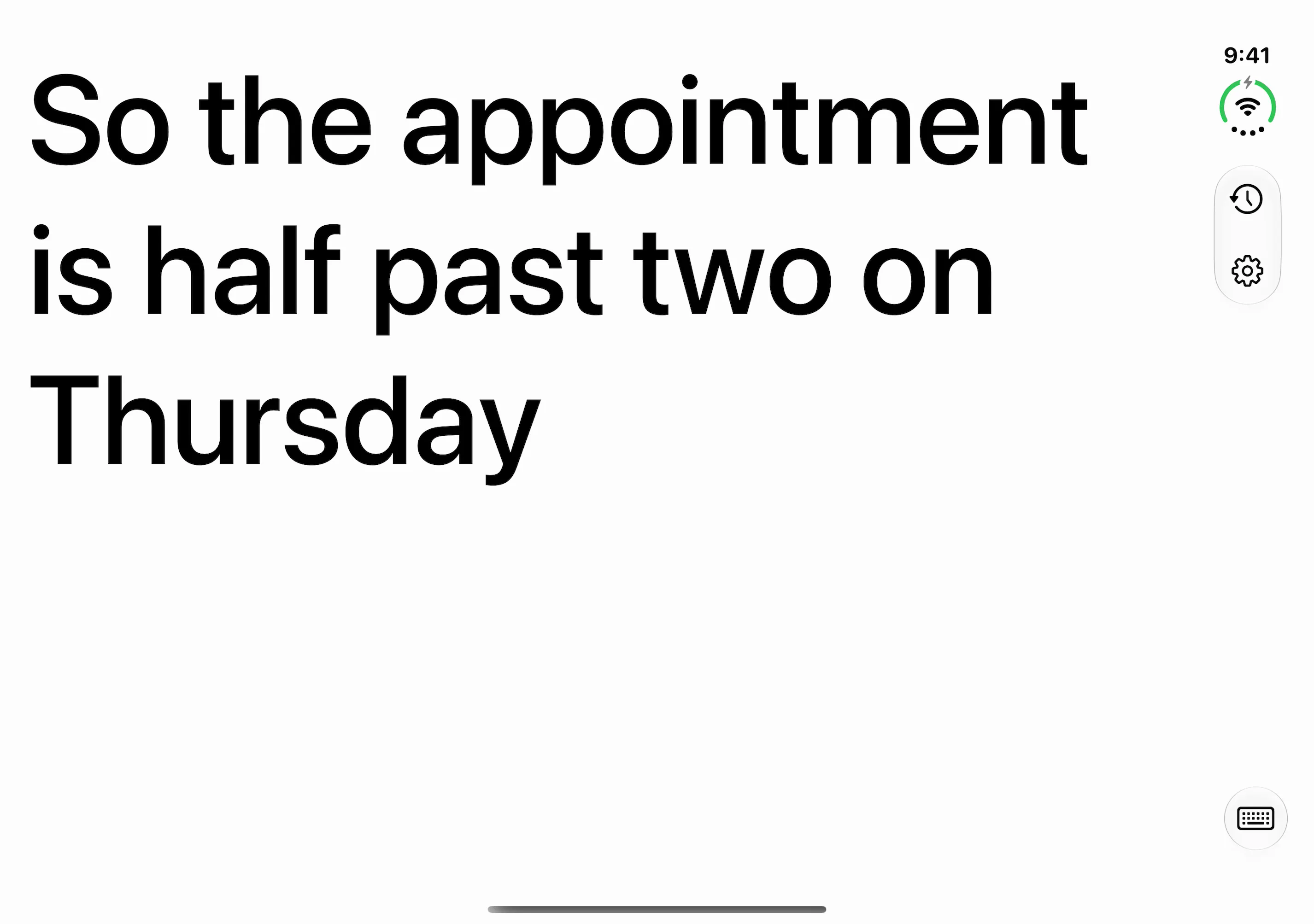 eyeHear open on iPhone Duo's inside screen: the caption So the appointment is half past two on Thursday fills the screen in large type, across three lines.