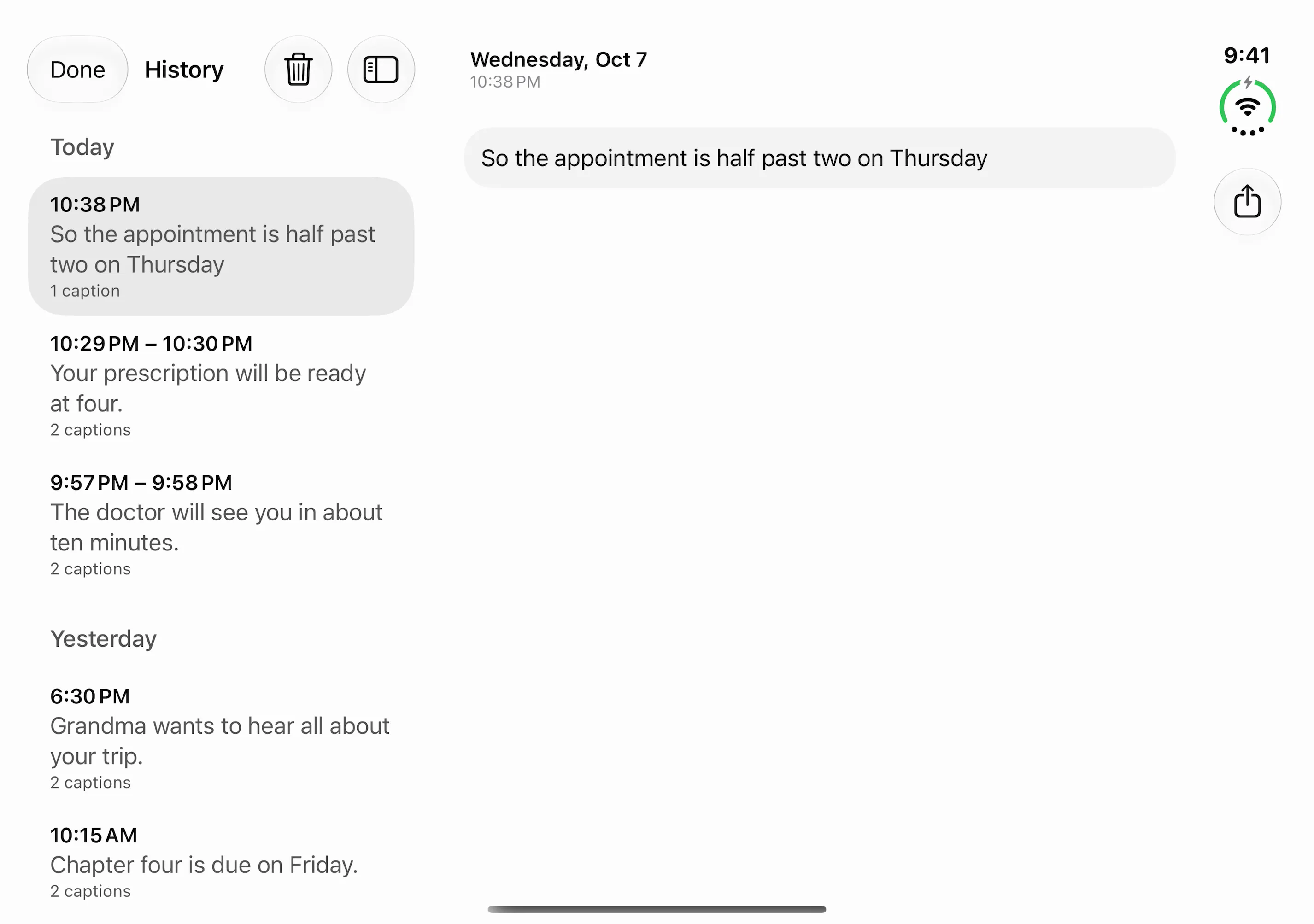 History on the open iPhone Duo: conversations listed under Today and Yesterday in a column on the left, and the selected conversation, So the appointment is half past two on Thursday, open on the right.