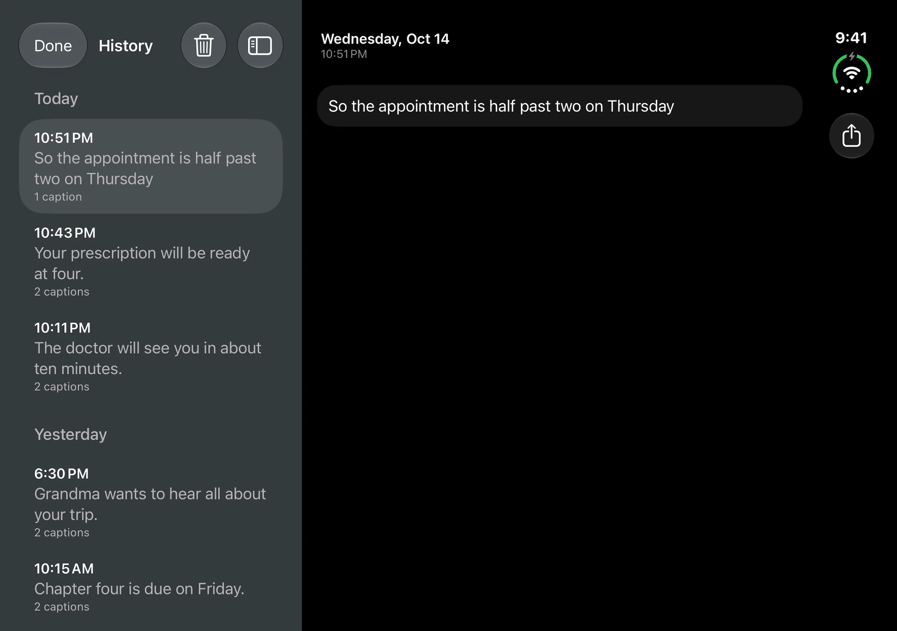 History on the open iPhone Duo: conversations listed under Today and Yesterday in a column on the left, and the selected conversation, So the appointment is half past two on Thursday, open on the right.