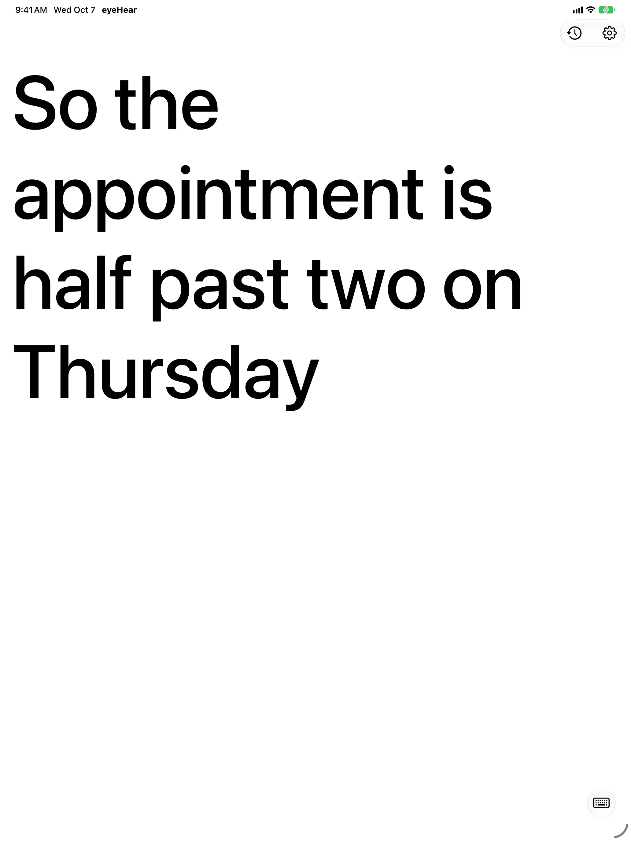 eyeHear on iPad: the same caption, in large type on a full-size page.