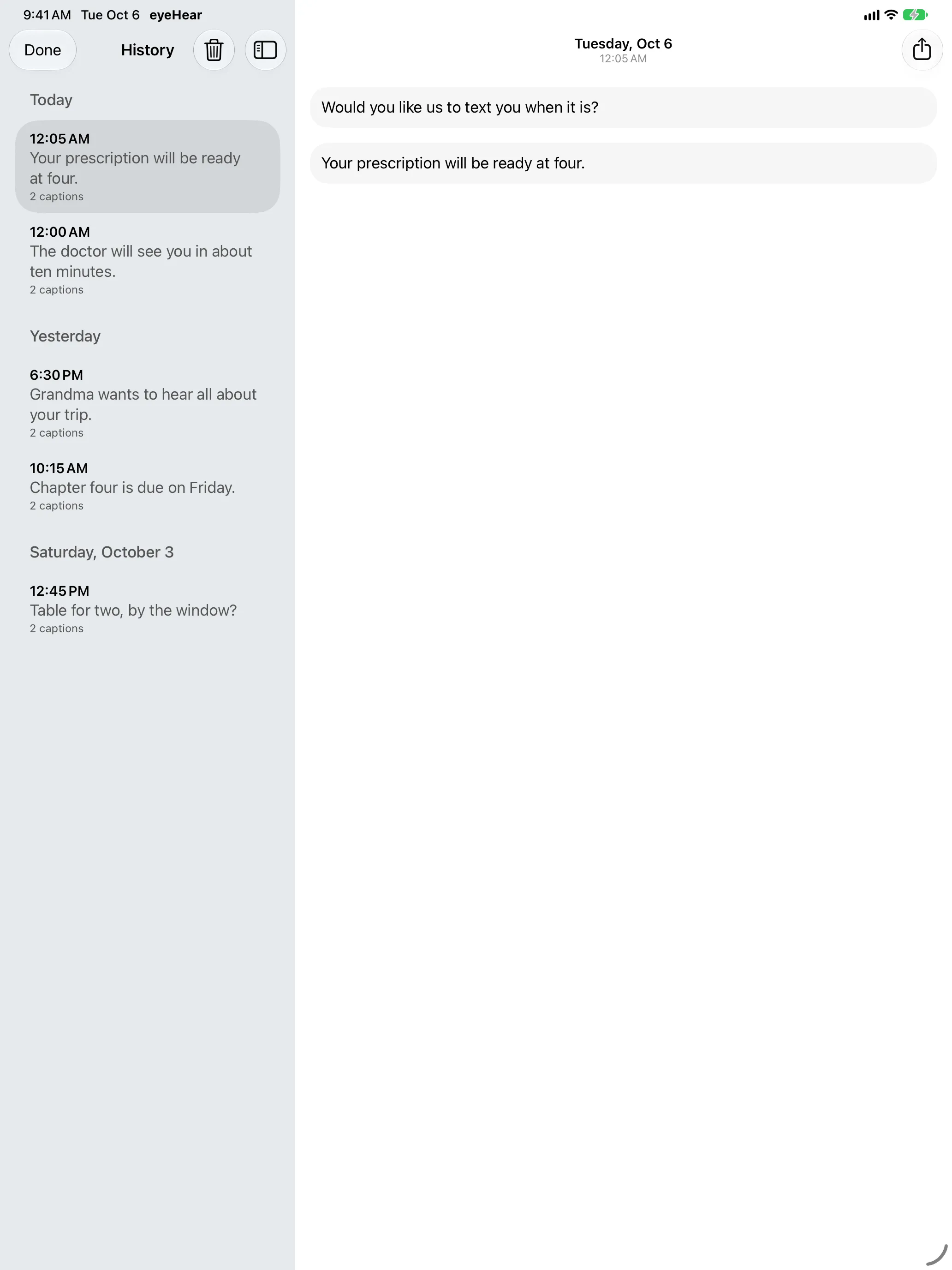 History on iPad: conversations listed by day in a sidebar, with the selected conversation from Tuesday, October 6 open on the right.
