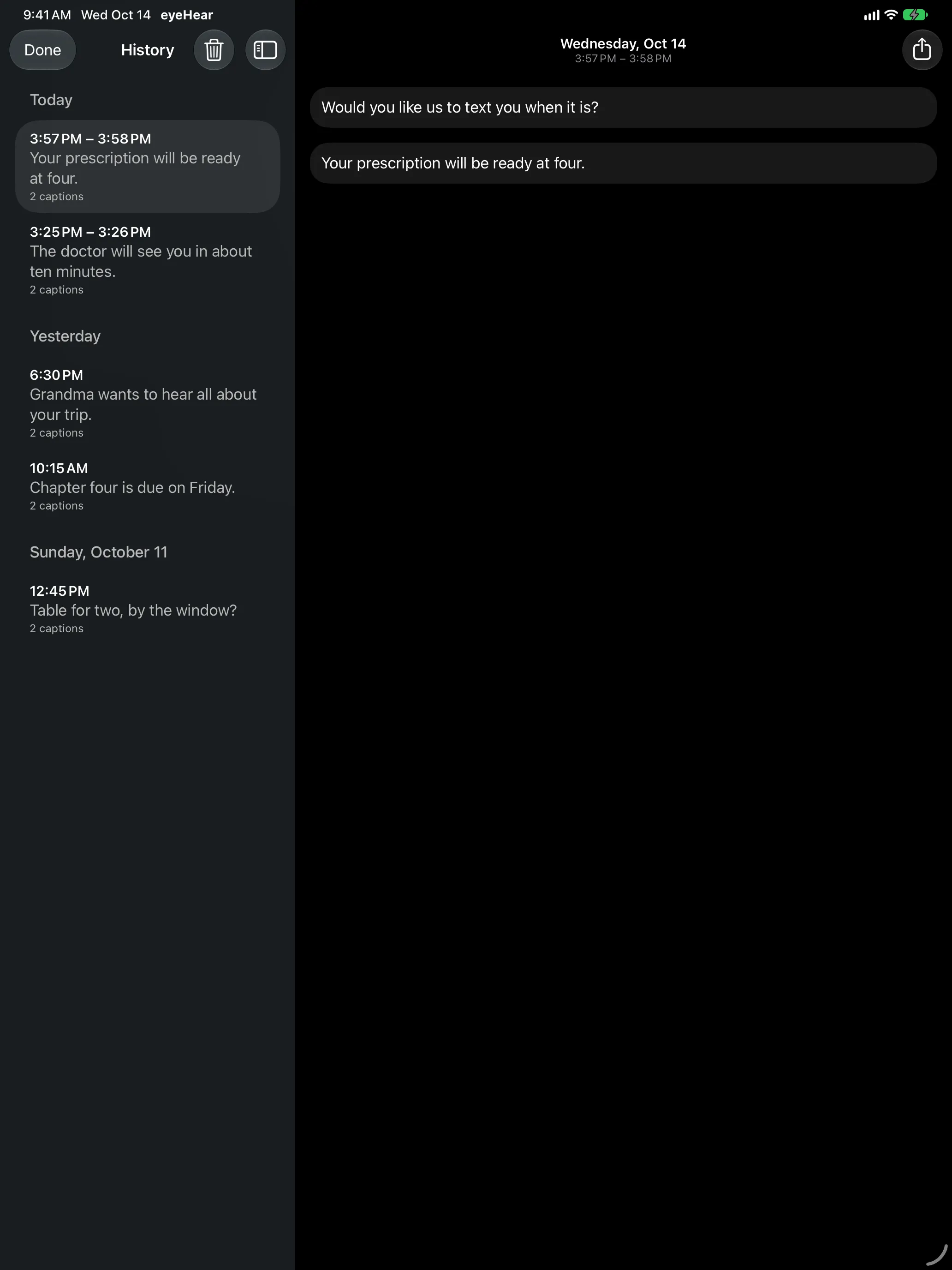 History on iPad: conversations listed by day in a sidebar, with the selected conversation from Tuesday, October 6 open on the right.