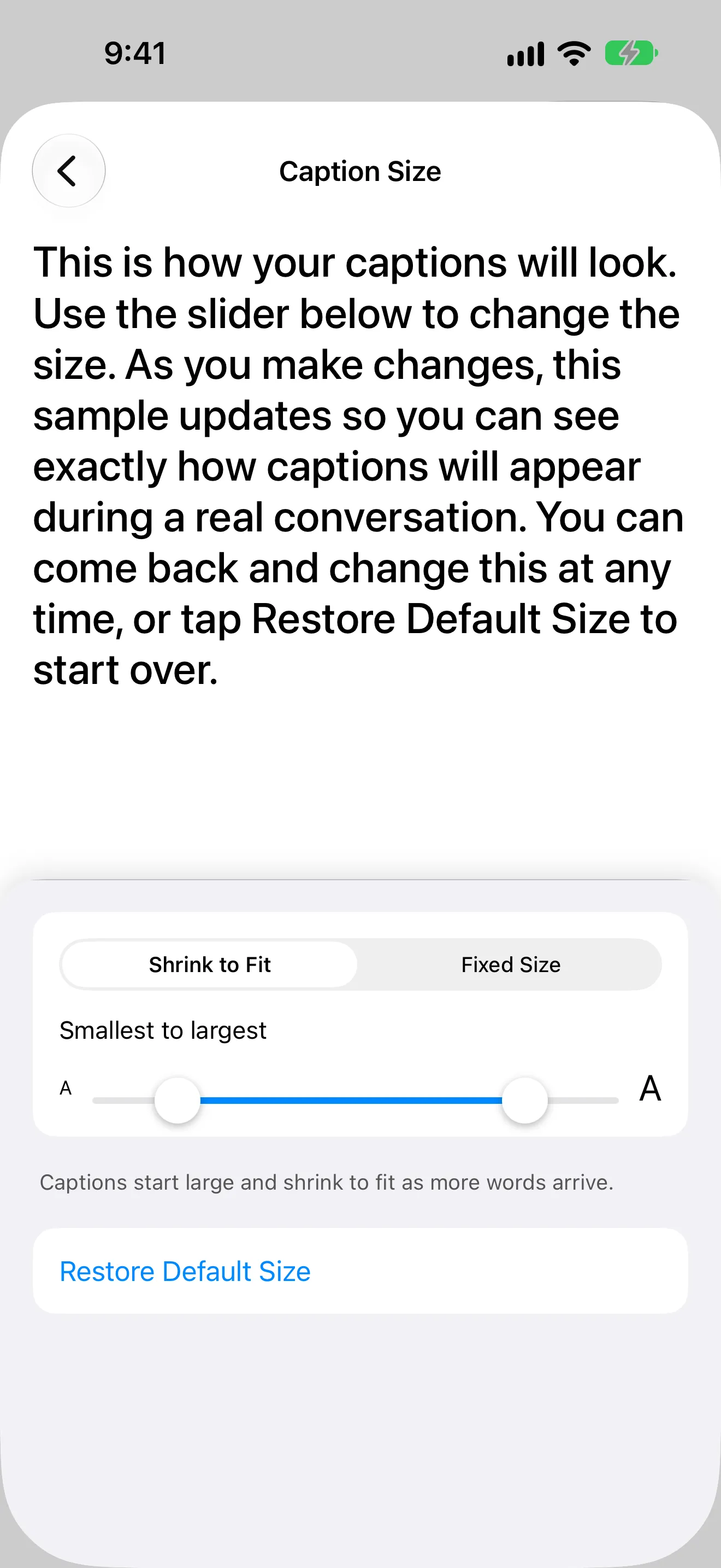 The Caption Size screen in eyeHear 1.7: a sample paragraph at the chosen size, a Shrink to Fit and Fixed Size switch, a Smallest to largest slider, and Restore Default Size.