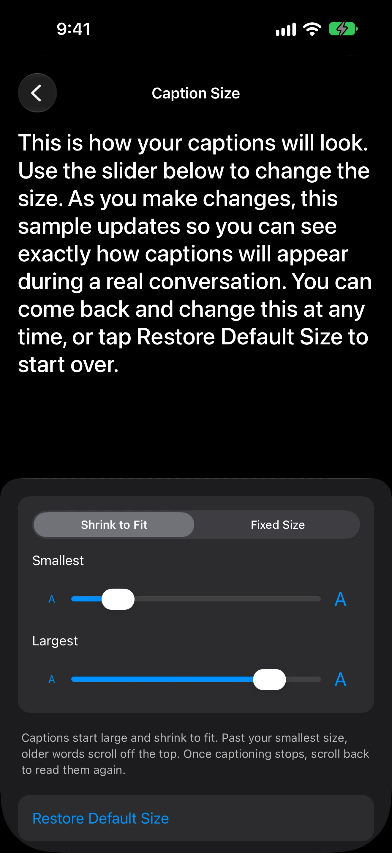 The Caption Size screen in eyeHear 1.7: a sample paragraph at the chosen size, a Shrink to Fit and Fixed Size switch, Smallest and Largest sliders, and Restore Default Size.