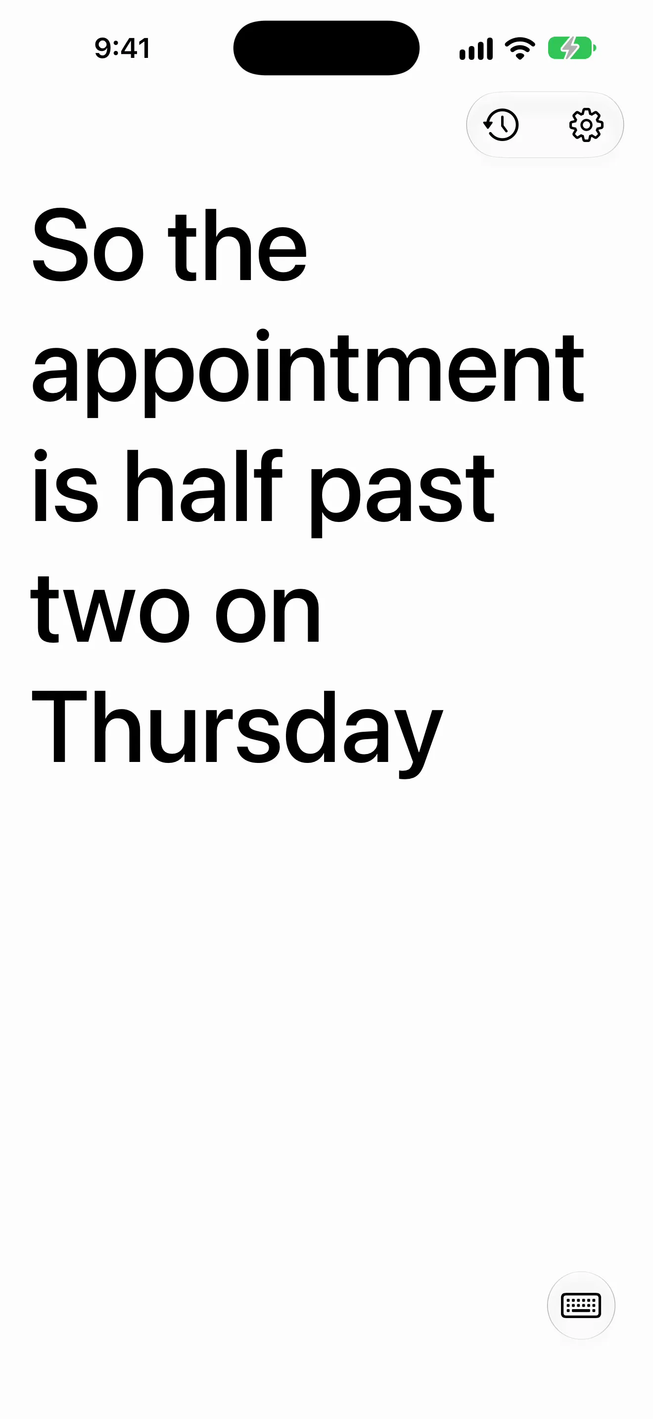 eyeHear on iPhone: the caption So the appointment is half past two on Thursday, in large type.