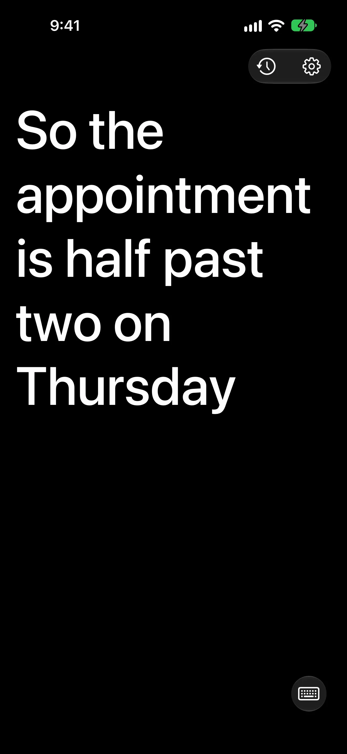 eyeHear on iPhone: the caption So the appointment is half past two on Thursday, in large type.