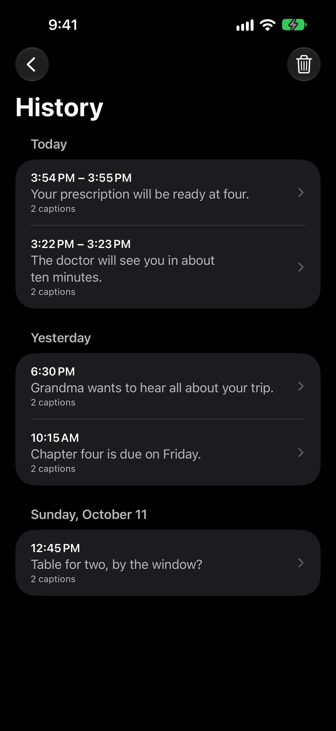 History on iPhone: Today, Yesterday and Saturday, October 3, each with conversations such as Your prescription will be ready at four.