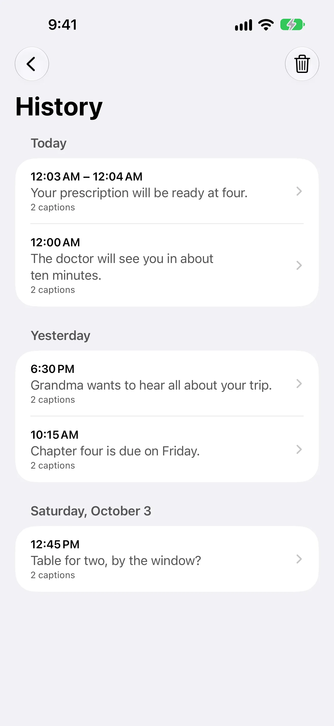 History on iPhone: Today, Yesterday and Saturday, October 3, each with conversations such as Your prescription will be ready at four.
